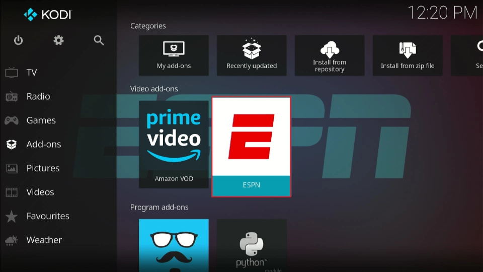 select espn addon tile
