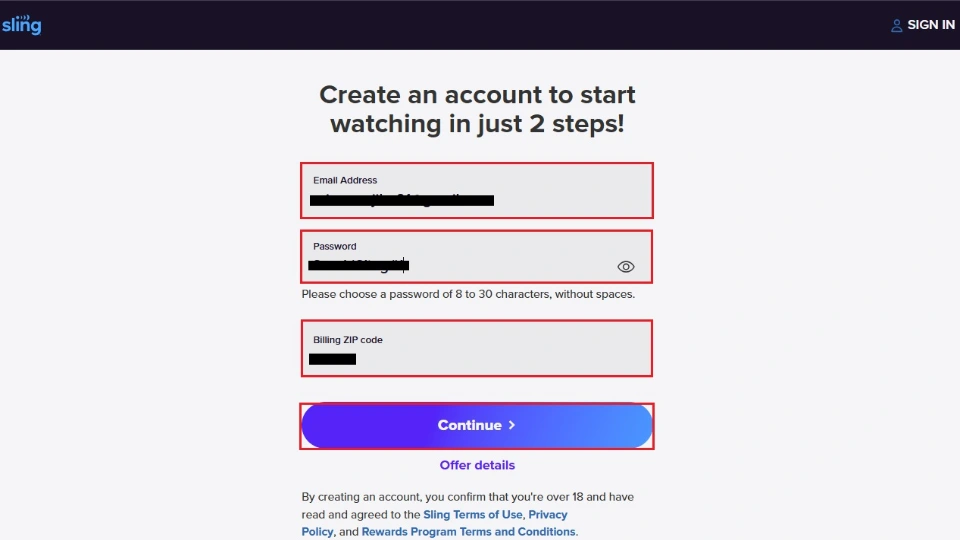 enter info n continue
