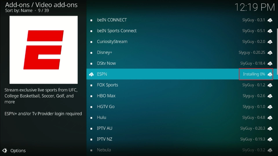installing espn addon