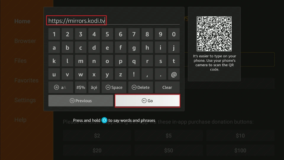 enter the kodi downloading url